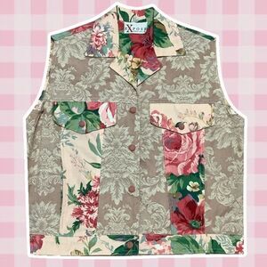 Vintage 90s Pink Floral Artsy Shabby Chic Boho Patchwork Feminine Denim Vest M
